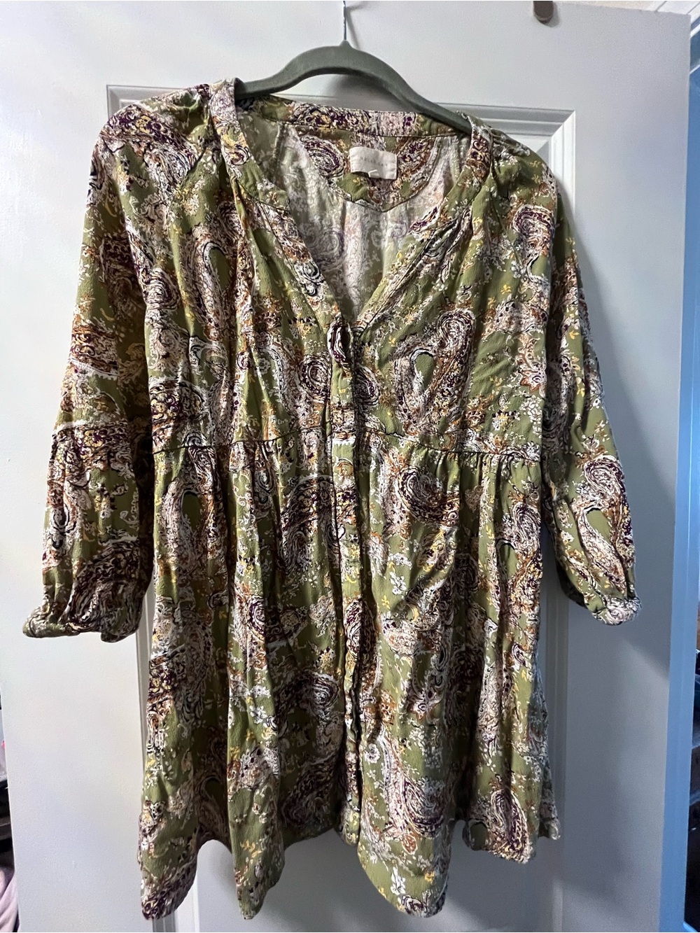 Melloday Green Olive Paisley V-Neck Peasant Top BabyDoll Modest Tunic Small